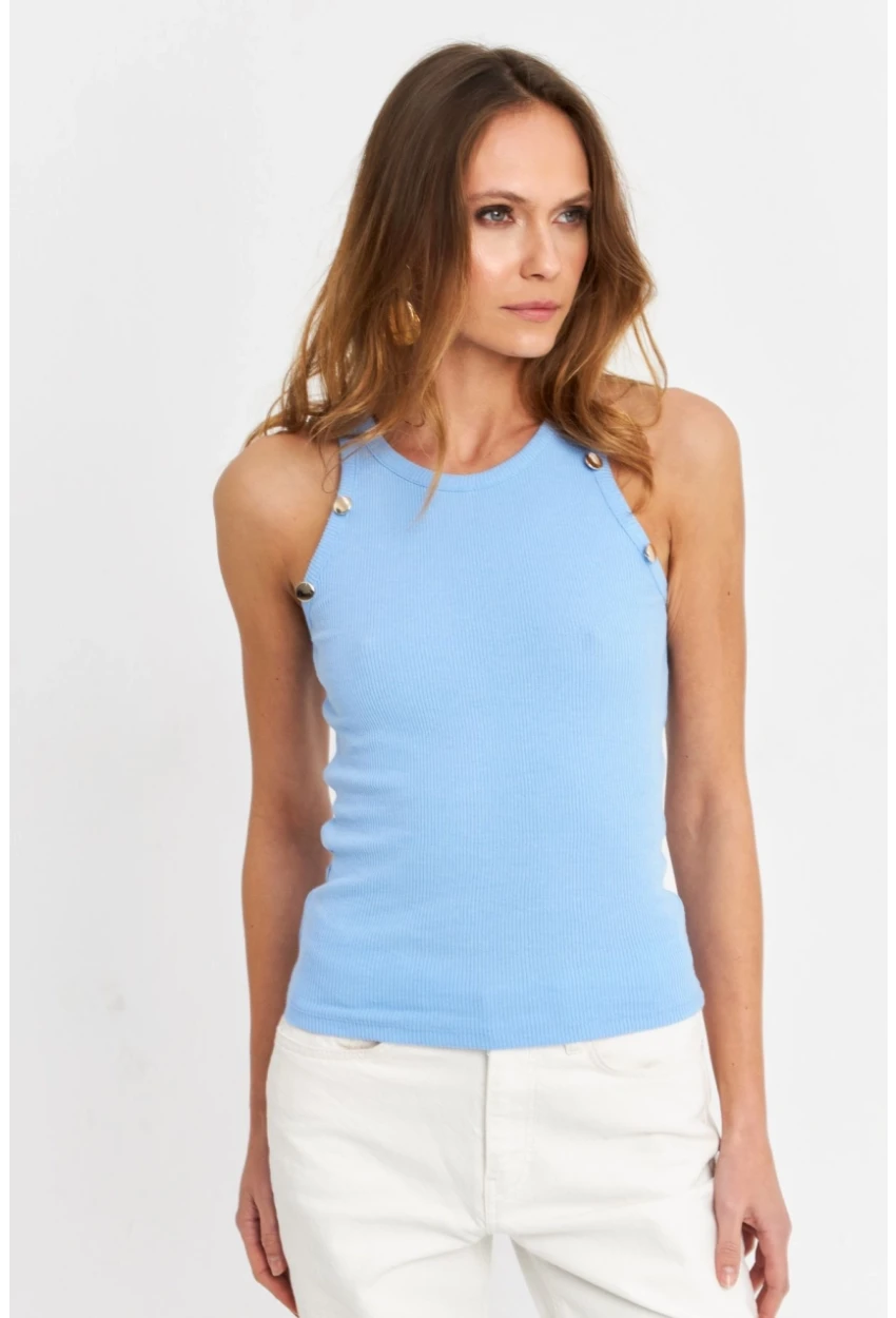 Kadın Açık-Mavi Düğme Detaylı Kolsuz Kaşkorse Bluz TF55