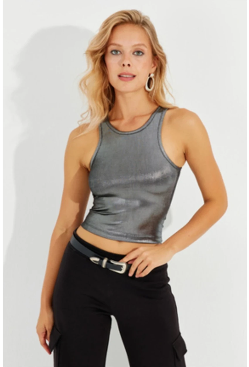 Kadın Antrasit Metalik Crop Bluz LPP1218