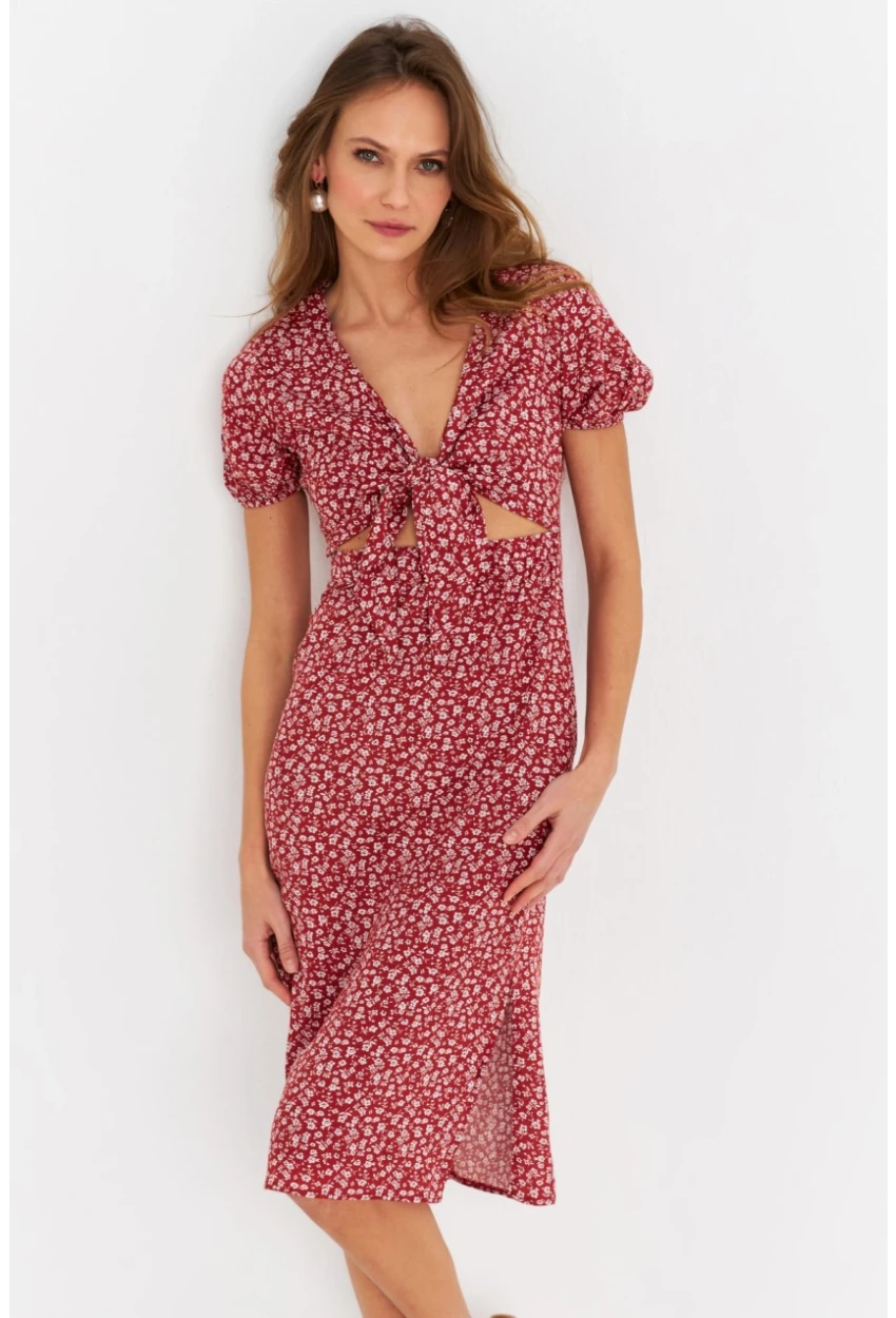 Kadın Badem Düğümlü Pencereli Midi Elbise Q1002