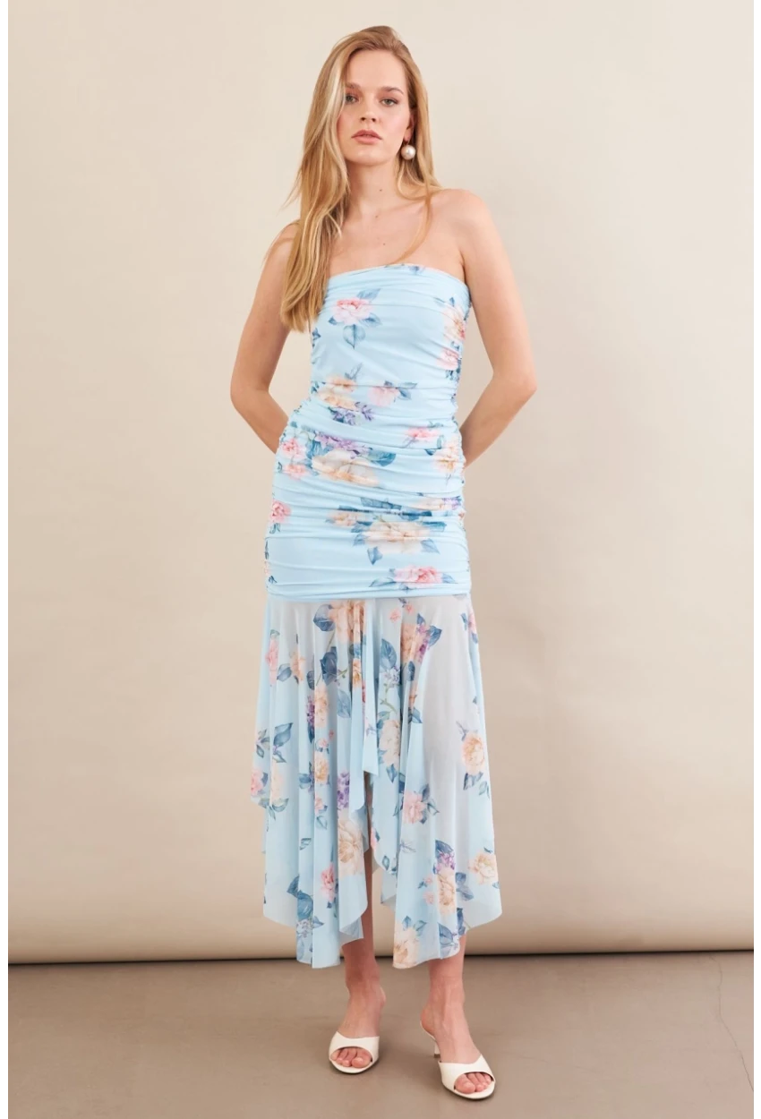 Kadın Bebe Mavi Drapeli Straplez Midi Tül Elbise ERL101