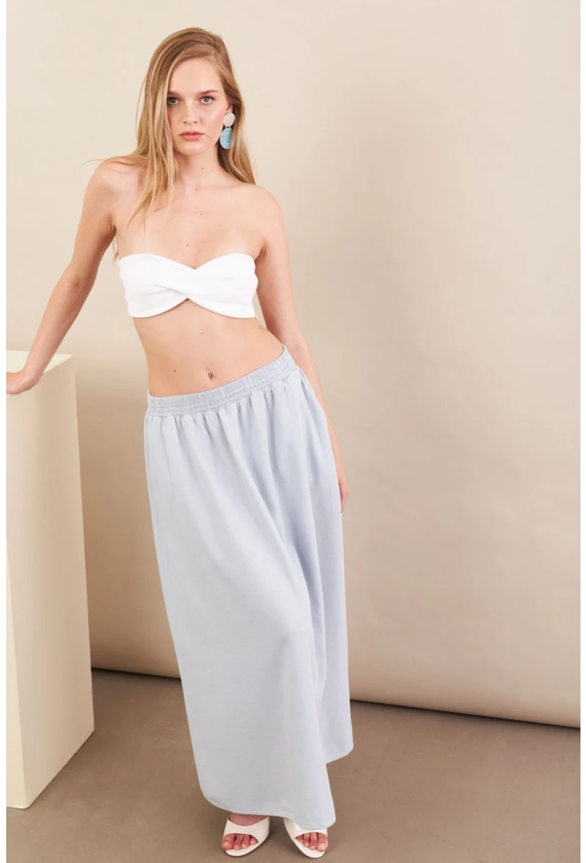 Kadın Bebe Mavi Keten Cepli Midi Etek RSP4440