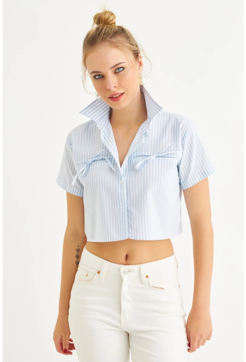 Kadın Bebe Mavi Kurdele Detaylı Crop Gömlek MPC302