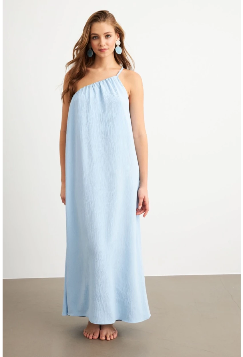 Kadın Bebe Mavi Tek Omuz Maxi Elbise İRE1012