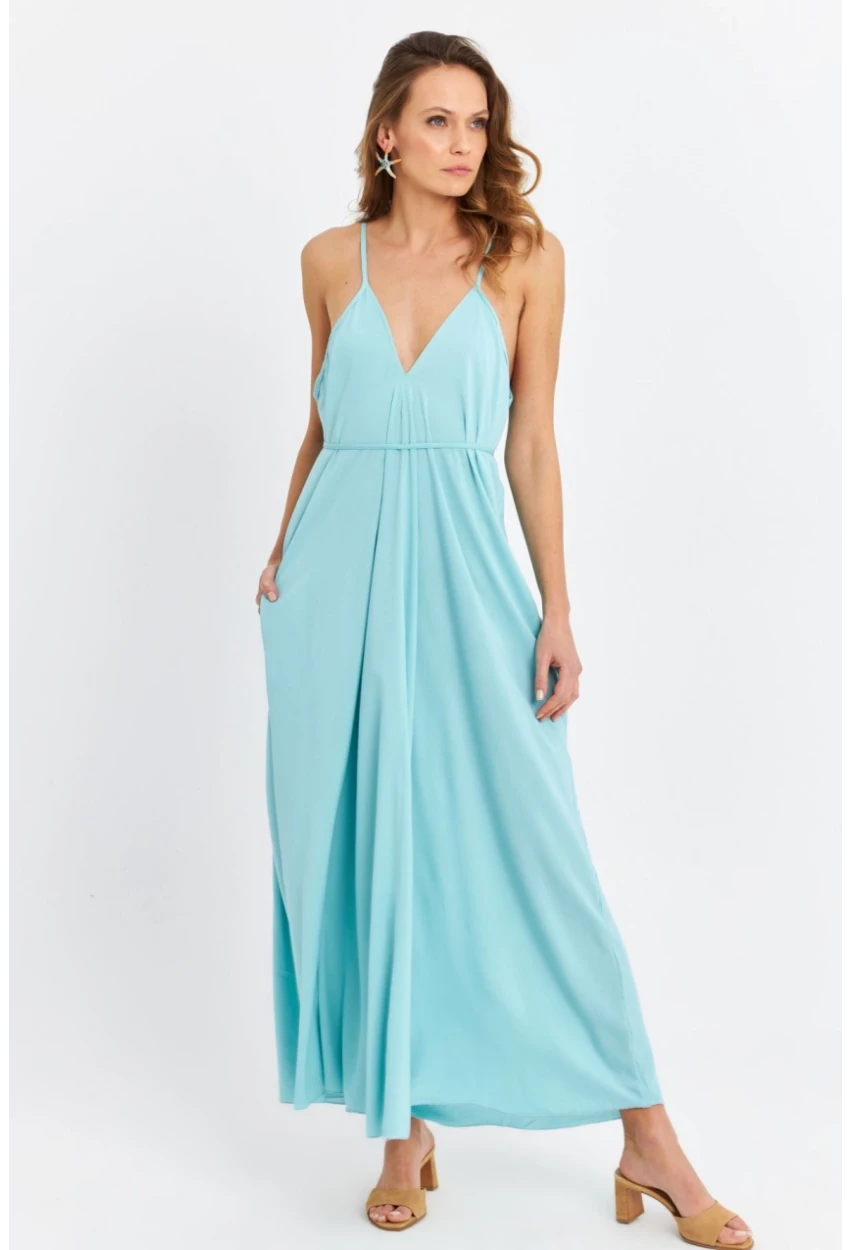 Kadın Bebe Mavi Ön Arka V Cepli Salaş Midi Elbise PC10758