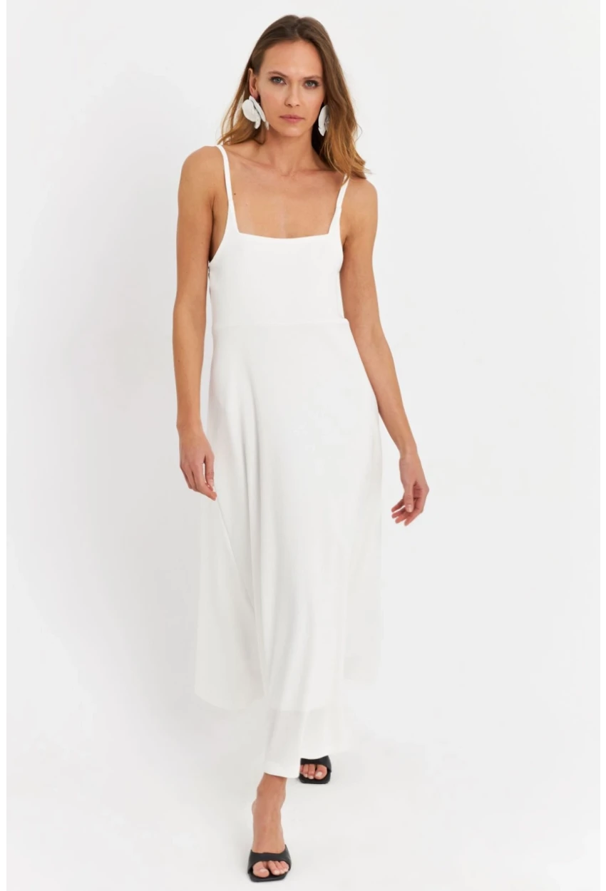 Kadın Beyaz Askılı Bürümcük Midi Elbise EY3057