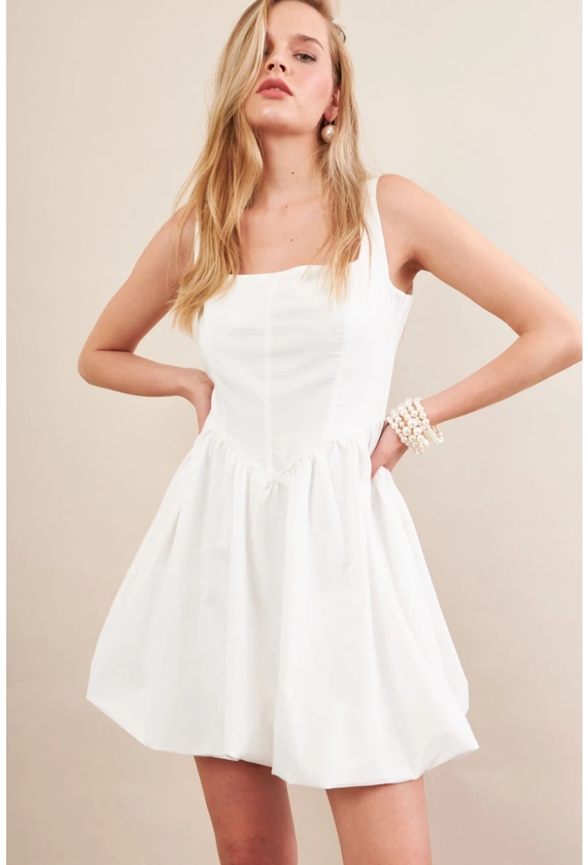 Kadın Beyaz Askılı Mini Balon Elbise ERL105