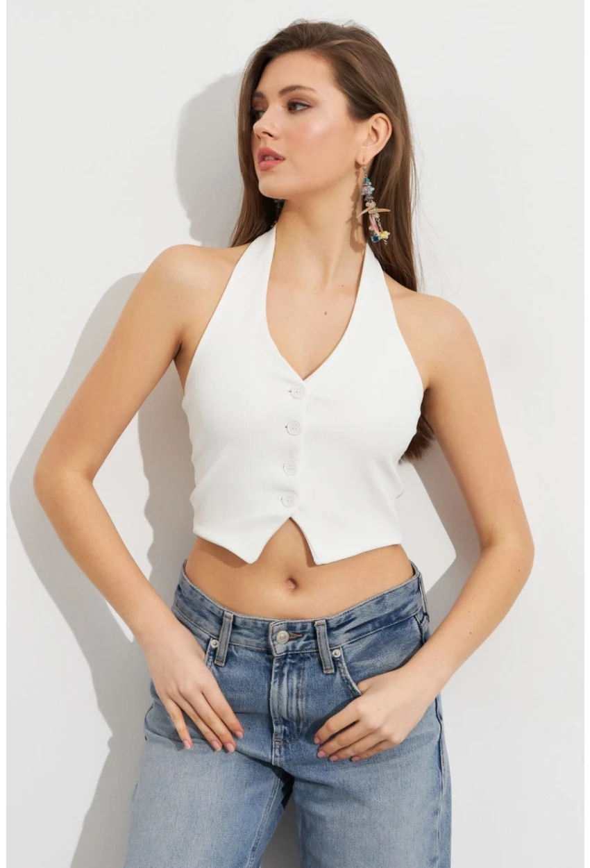 Kadın Beyaz Crop Bluz SE18