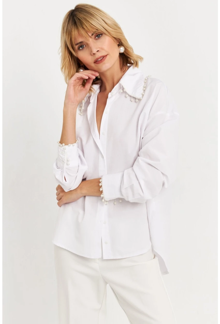 Kadın Beyaz İnci Detaylı Gömlek KED4162