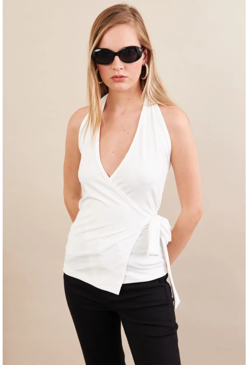 Kadın Beyaz Kruvaze Bağlamalı Bluz EY3095