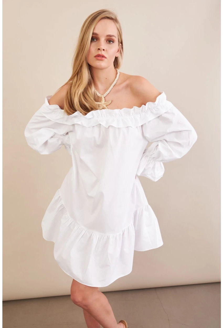 Kadın Beyaz Madonna Yaka Midi Elbise PSG1012