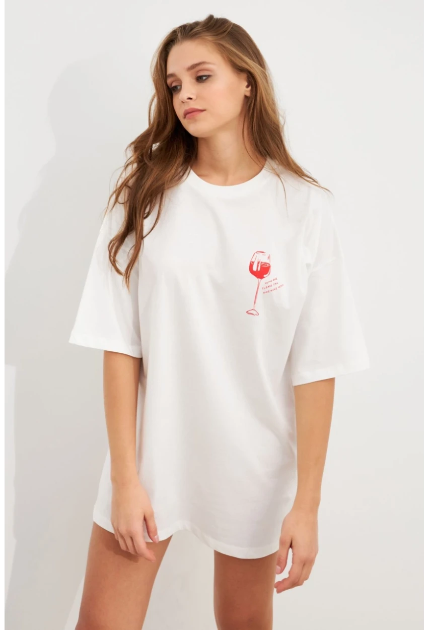 Kadın Beyaz Oversize Pijama T-Shirt TPG14