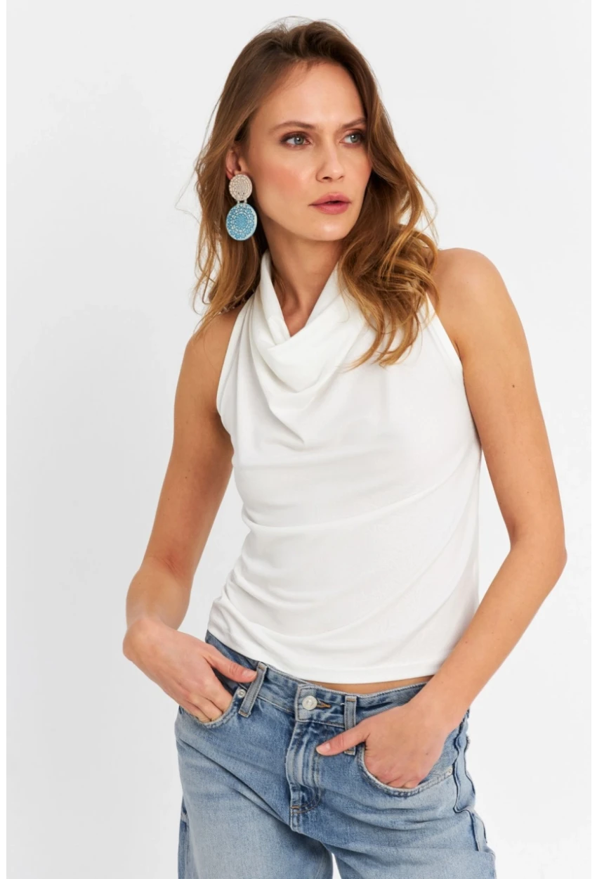 Kadın Beyaz Sırt Pencereli Desenli Bluz LPP1021