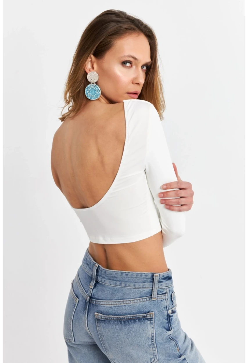 Kadın Beyaz Sırtı Açık Crop Bluz EV21
