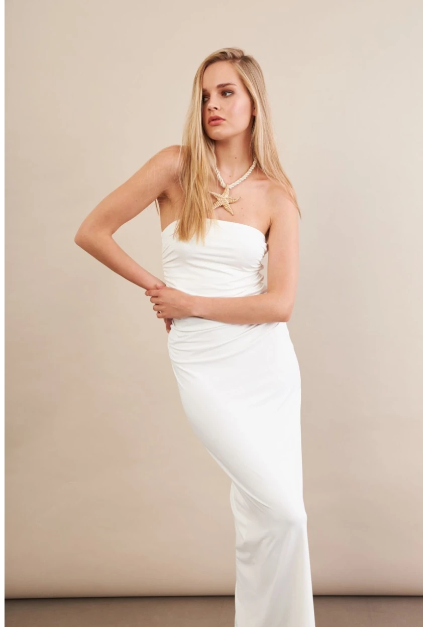 Kadın Beyaz Straplez Büzgülü Midi Elbise MX2005