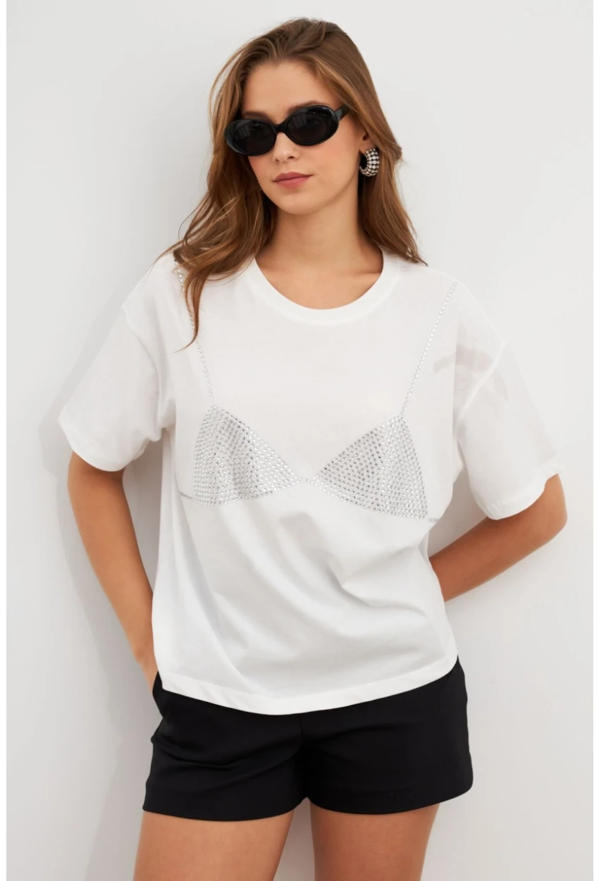 Kadın Beyaz Straslı Oversize T-Shirt TPG13