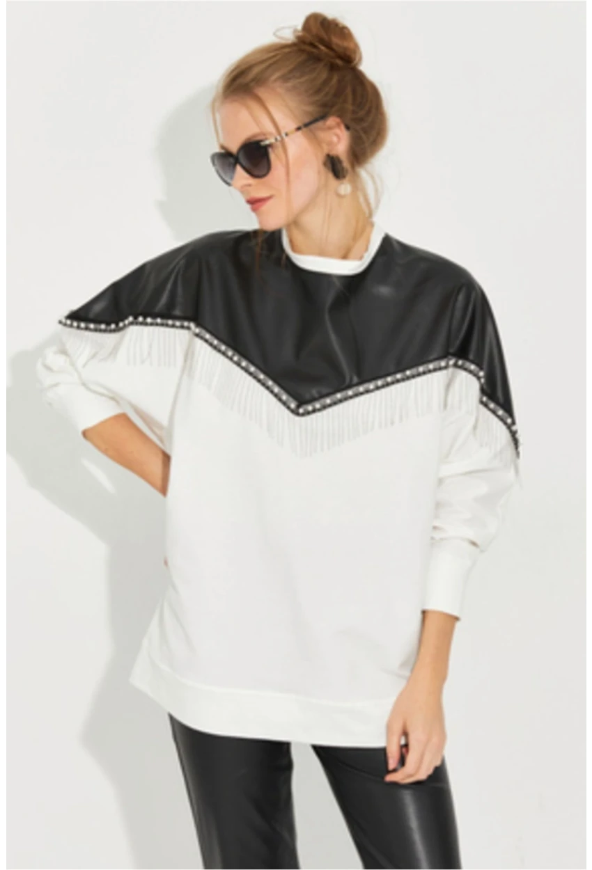 Kadın Beyaz Suni Deri Bloklu Sweatshirt PKA806