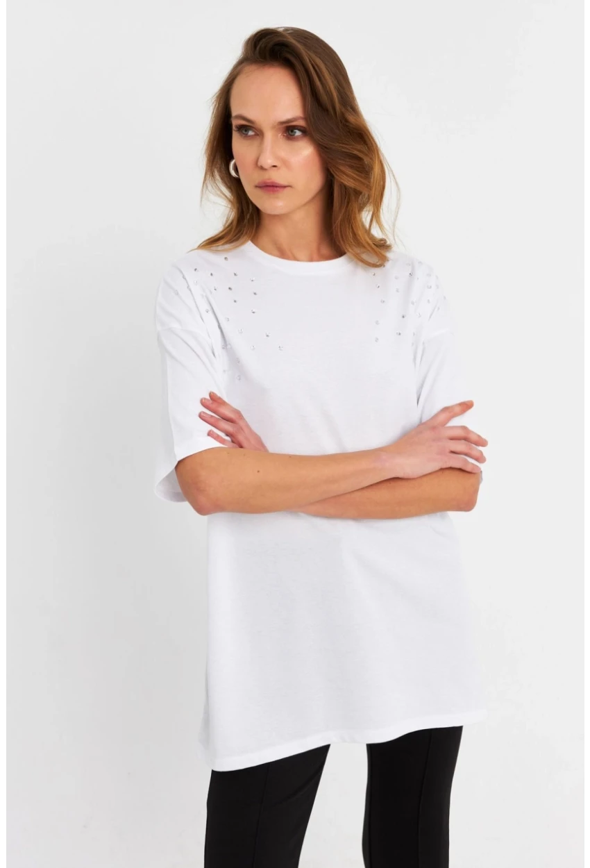 Kadın Beyaz Taşlı Salaş T-Shirt MTF0002