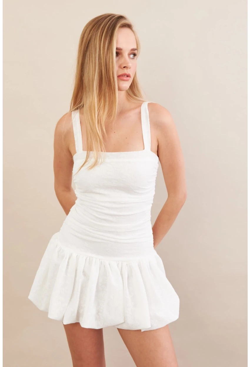 Kadın Beyaz Volanlı Astarlı Mini Tül Elbise KED7316