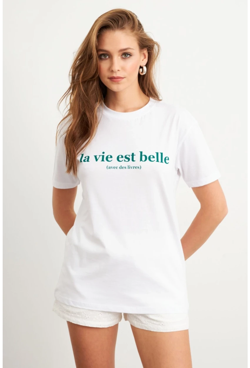 Kadın Beyaz-Yeşil Baskılı Pijama T-Shirt AYD411