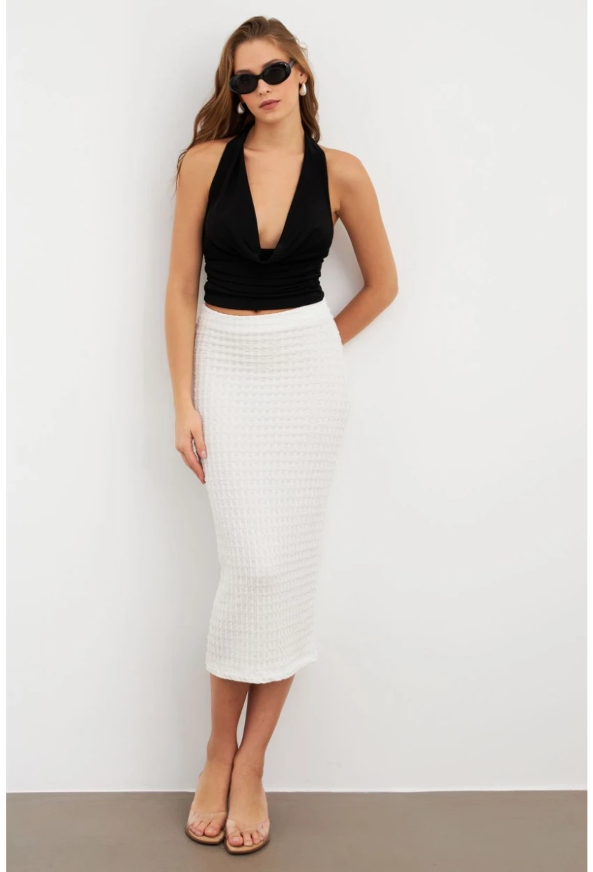 Kadın Beyaz Yırtmaçlı Bürümcük Midi Etek ZH329