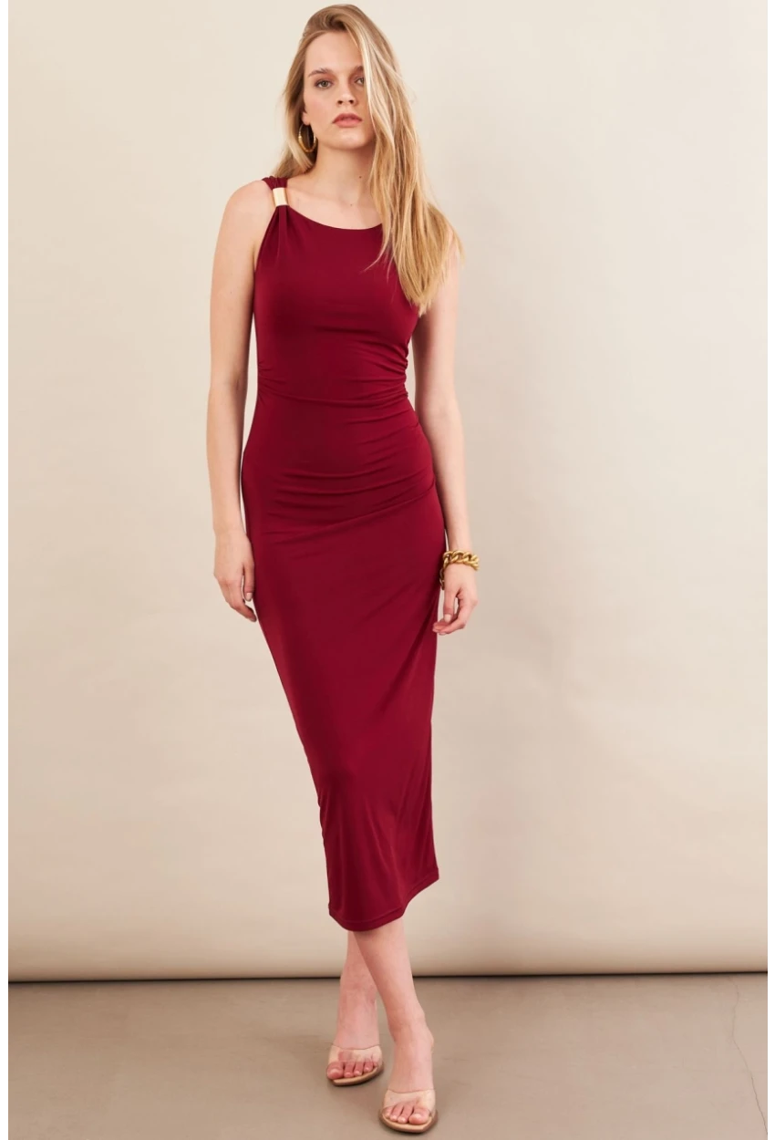 Kadın Bordo Aksesuarlı Büzgülü Midi Elbise İRE102