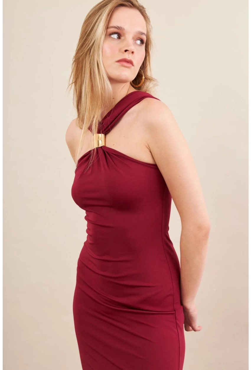 Kadın Bordo Aksesuarlı Midi Elbise İRE101