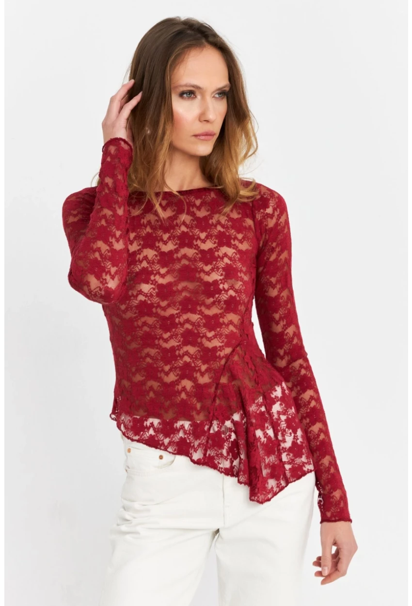 Kadın Bordo Asimetrik Dantel Bluz MTK13288