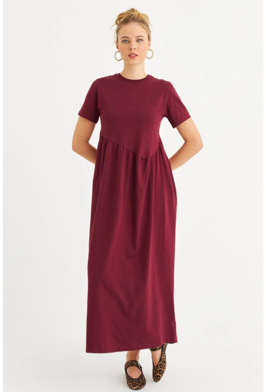 Kadın Bordo Asimetrik Dikişli Maxi Elbise MDMR440
