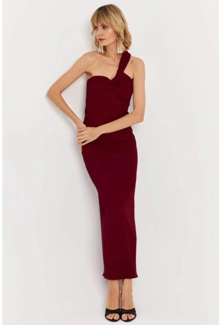 Kadın Bordo Asimetrik Yaka Maxi Elbise NH25455