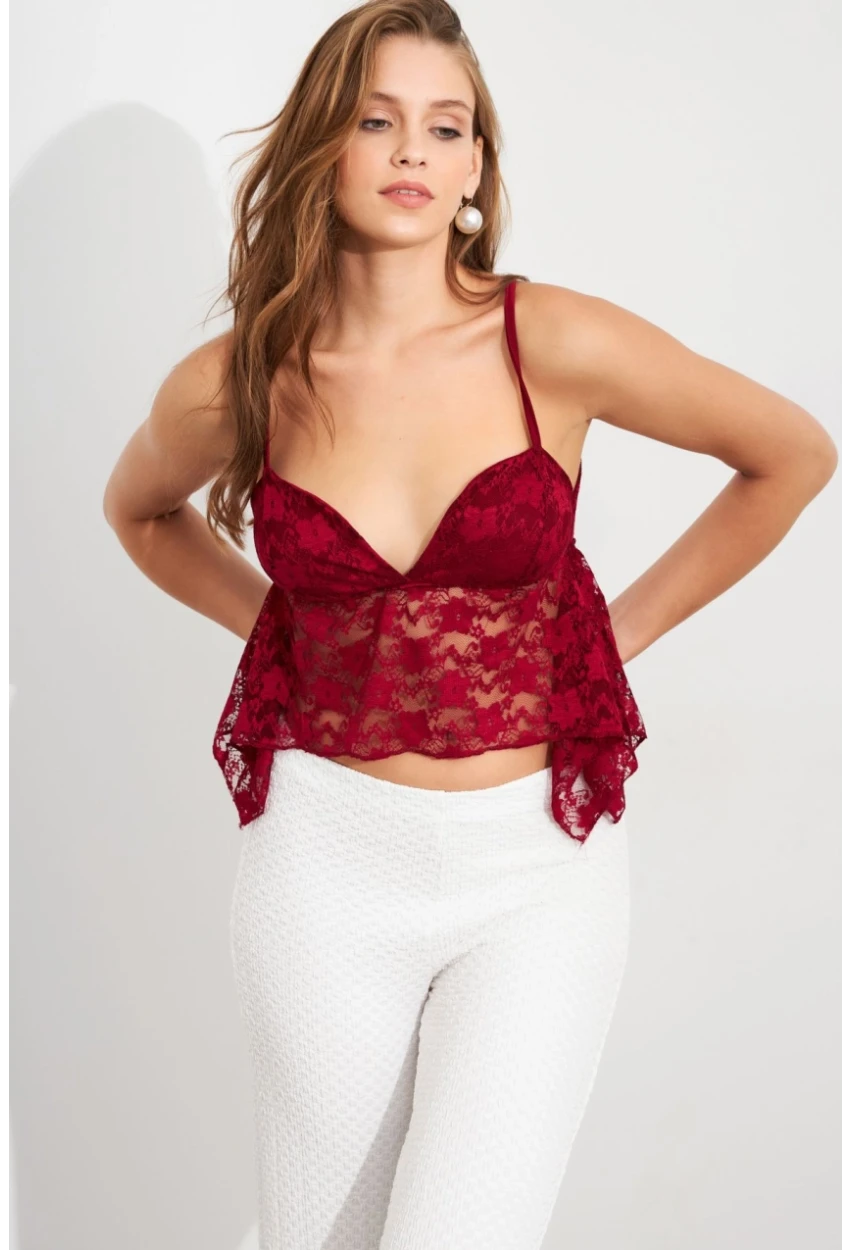 Kadın Bordo Askılı Dantel Crop Bluz MTK13458