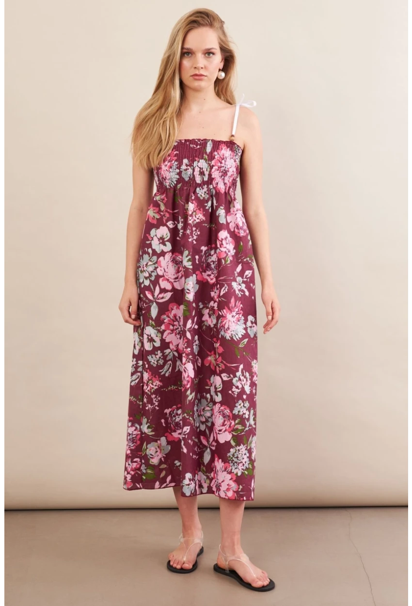 Kadın Bordo Askılı Gipeli Midi Elbise OR500