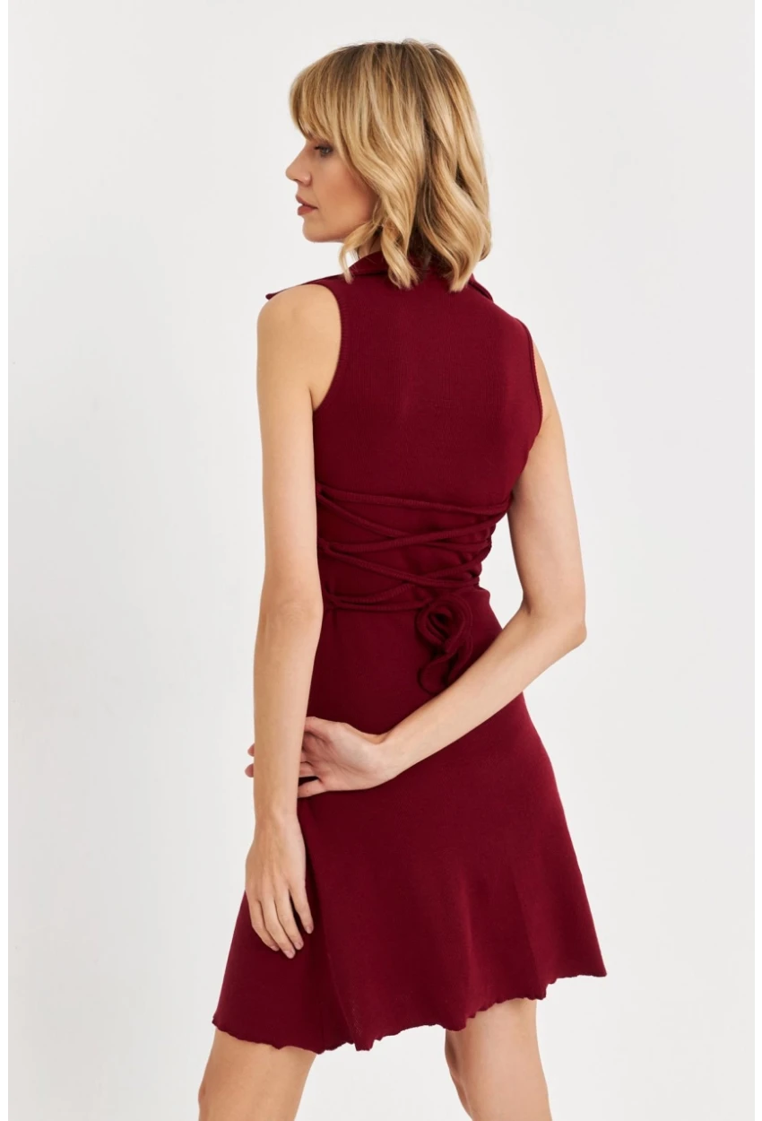 Kadın Bordo Bağlama  Detaylı Kaşkorse Mini Elbise FRY2271