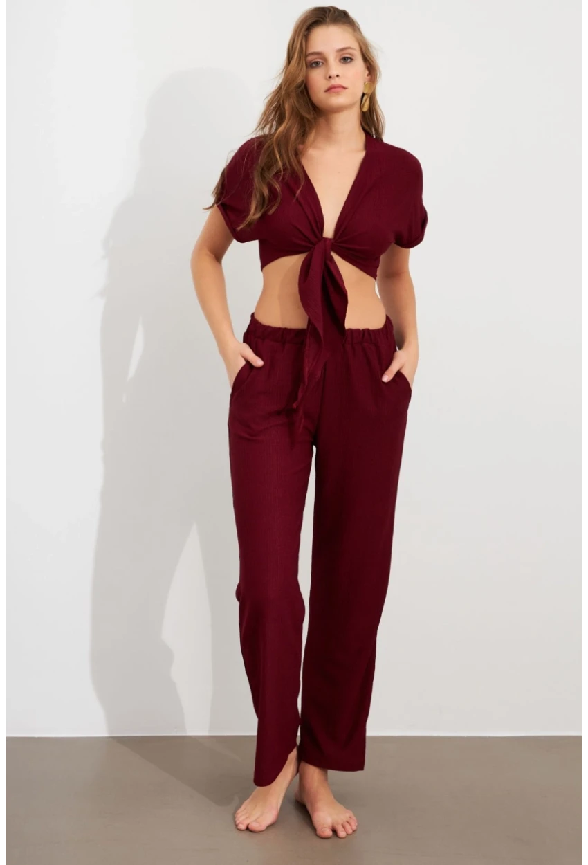 Kadın Bordo Bağlamalı Bürümcük Takım Q1012