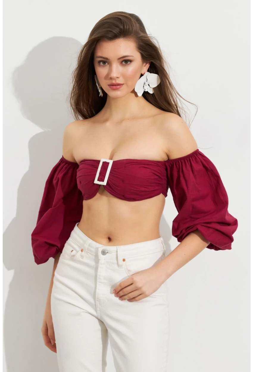 Kadın Bordo Balon Kol Crop Bluz ROP111