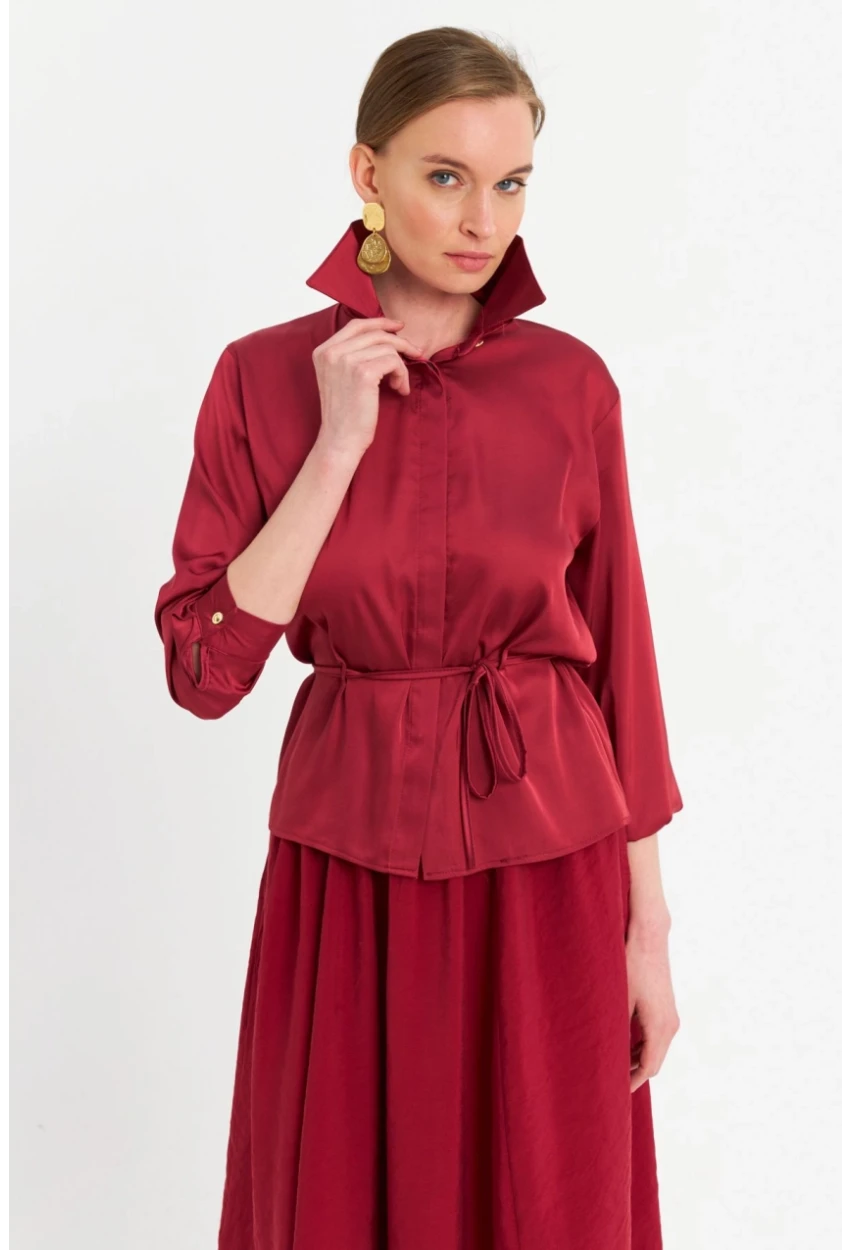 Kadın Bordo Beli Bağlamalı Saten Gömlek MMRS4212