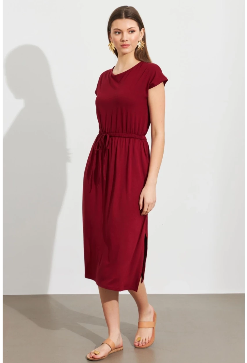 Kadın Bordo Beli Büzülebilir Midi Elbise MURO1193