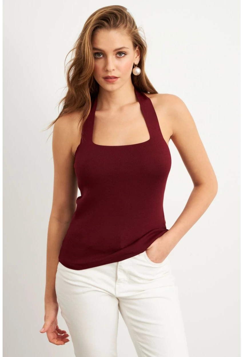 Kadın Bordo Boyundan Bağlamalı Triko Bluz YV356