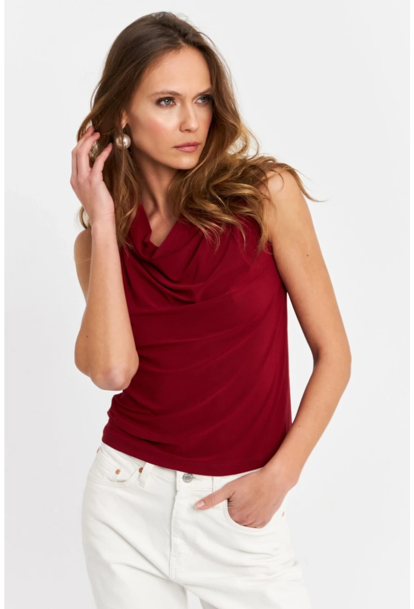 Kadın Bordo Degaje Yaka Kolsuz Bluz LPP1226-90