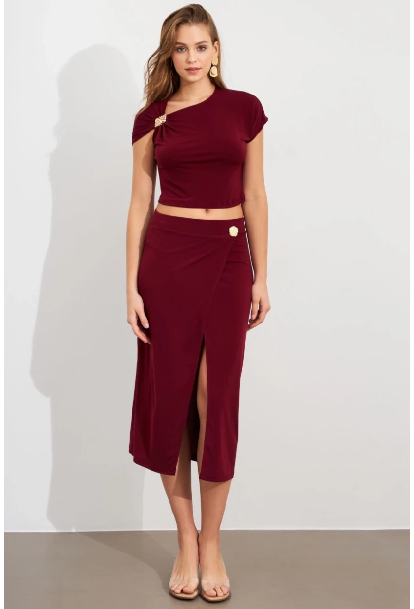 Kadın Bordo Dore Aksesuarlı İkili Takım UG7112