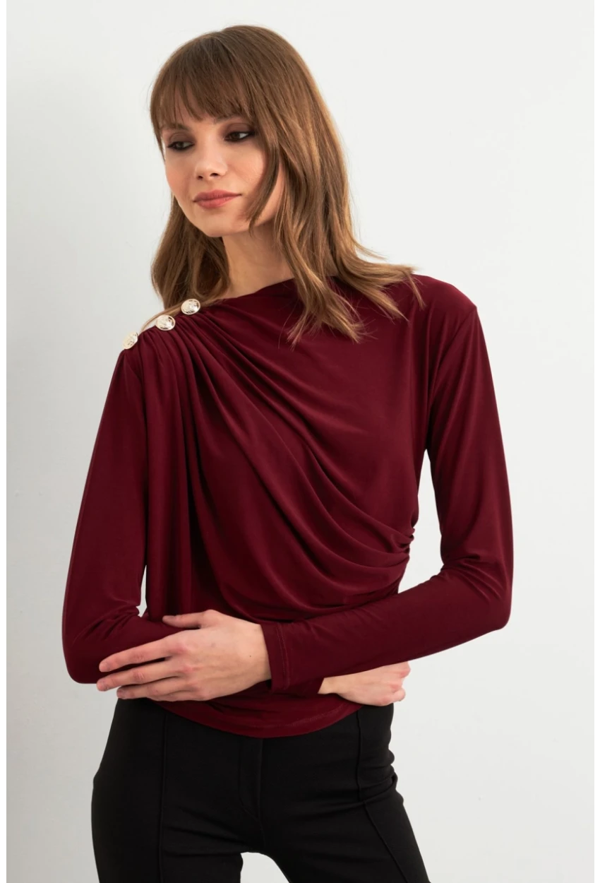 Kadın Bordo Düğme Detaylı Büzgülü Bluz LPP1223-1