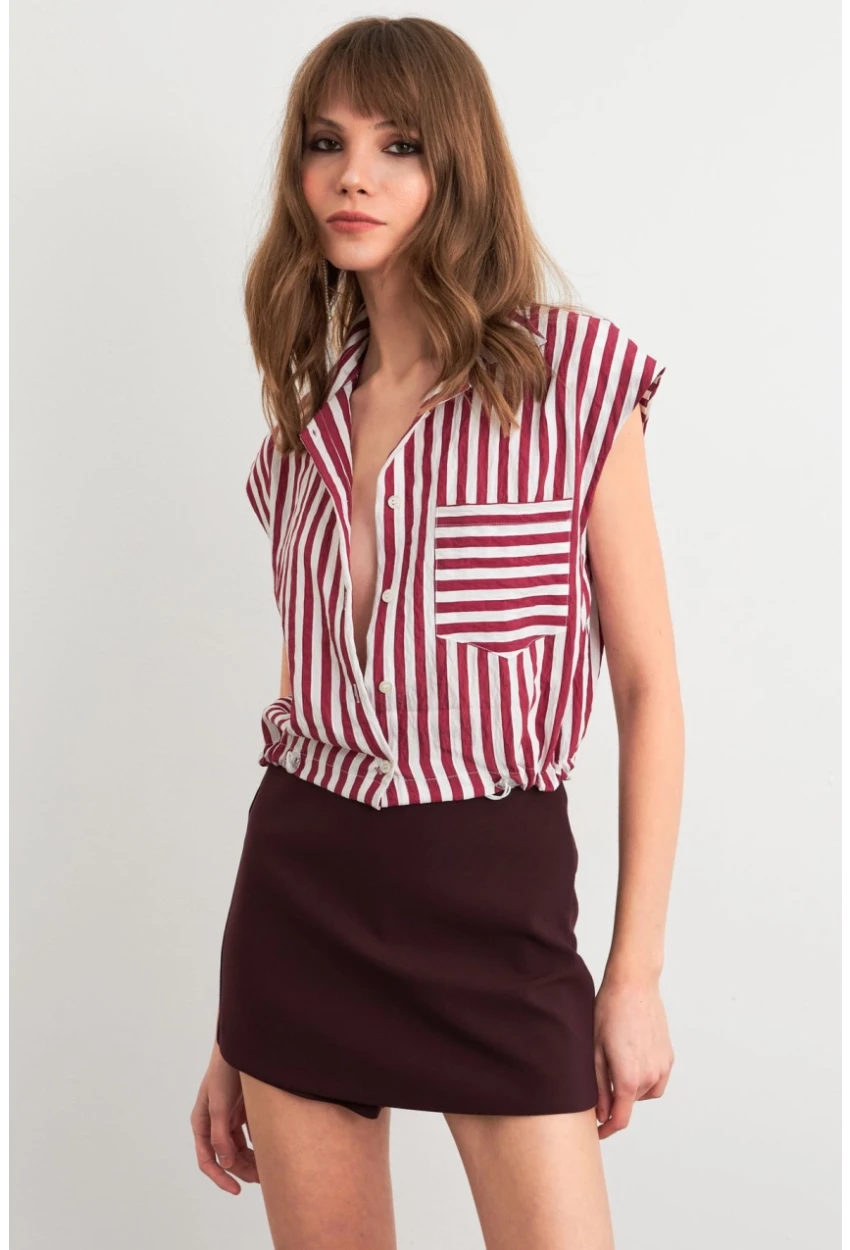 Kadın Bordo-Ekru Büzgülü Kolsuz Crop Gömlek RLO92