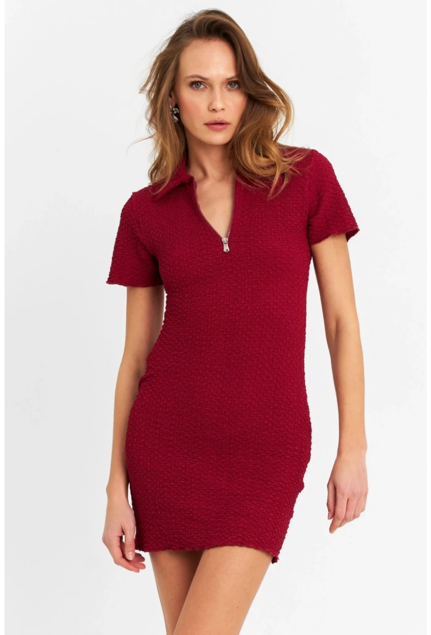 Kadın Bordo Fermuarlı Mini Elbise MOD2441
