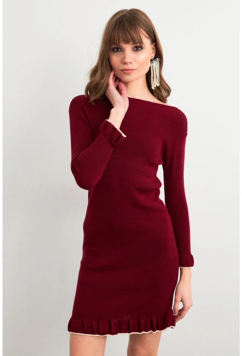 Kadın Bordo Fırfırlı Basic Triko Midi Elbise SF2559