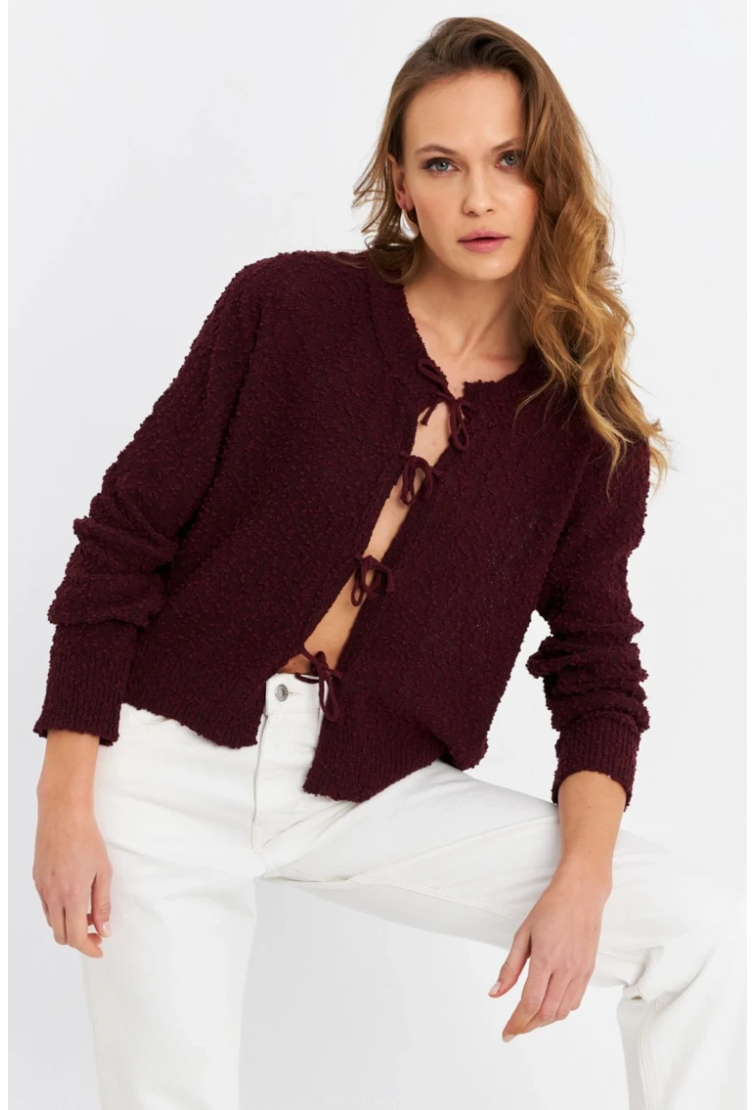 Kadın Bordo İpli Triko Hırka YV323