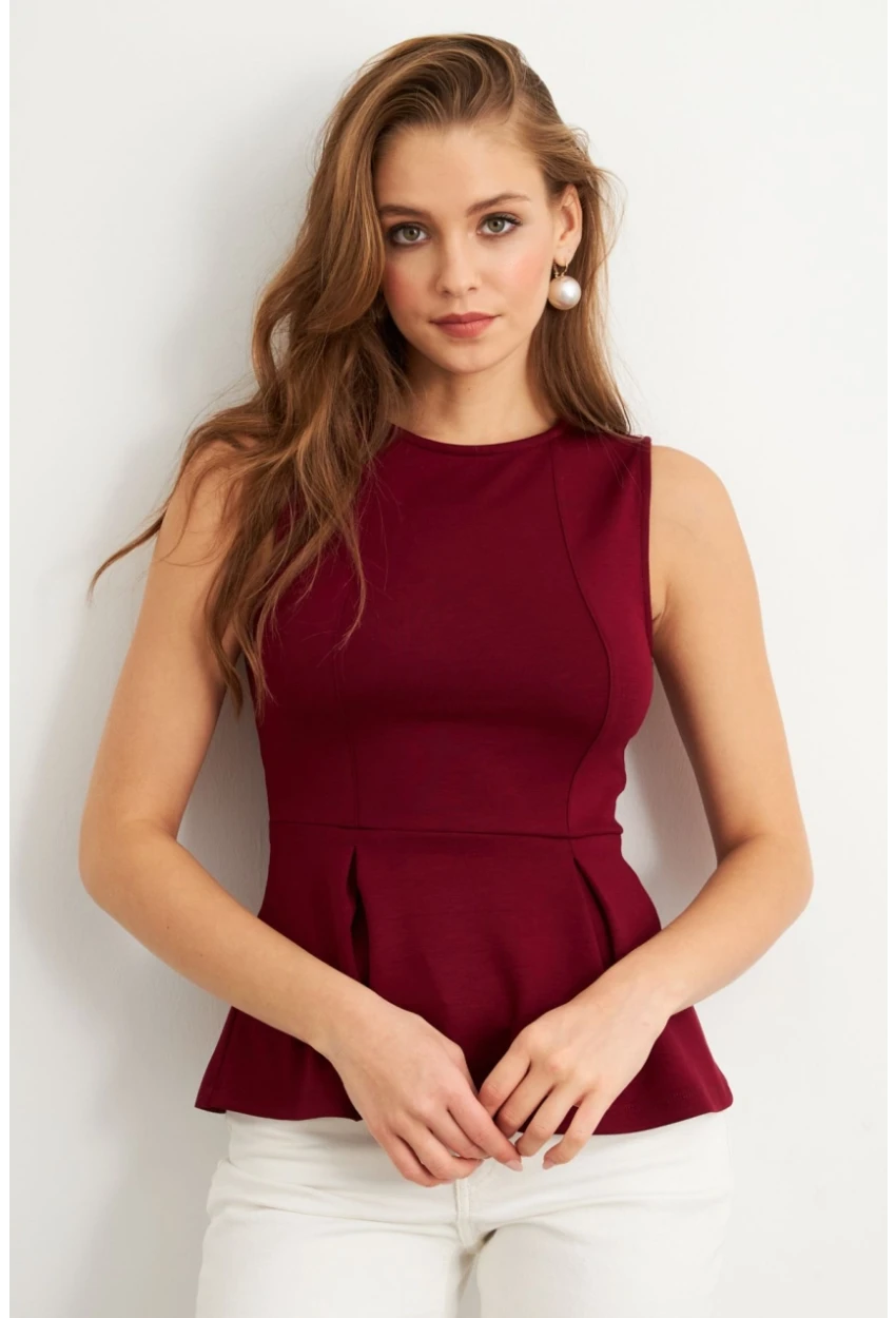 Kadın Bordo Kolsuz Peplum Bluz FLU7257