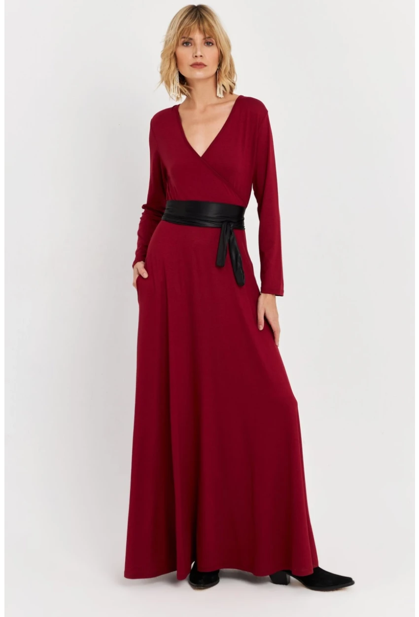 Kadın Bordo Kruvaze Maxi Elbise VTN3