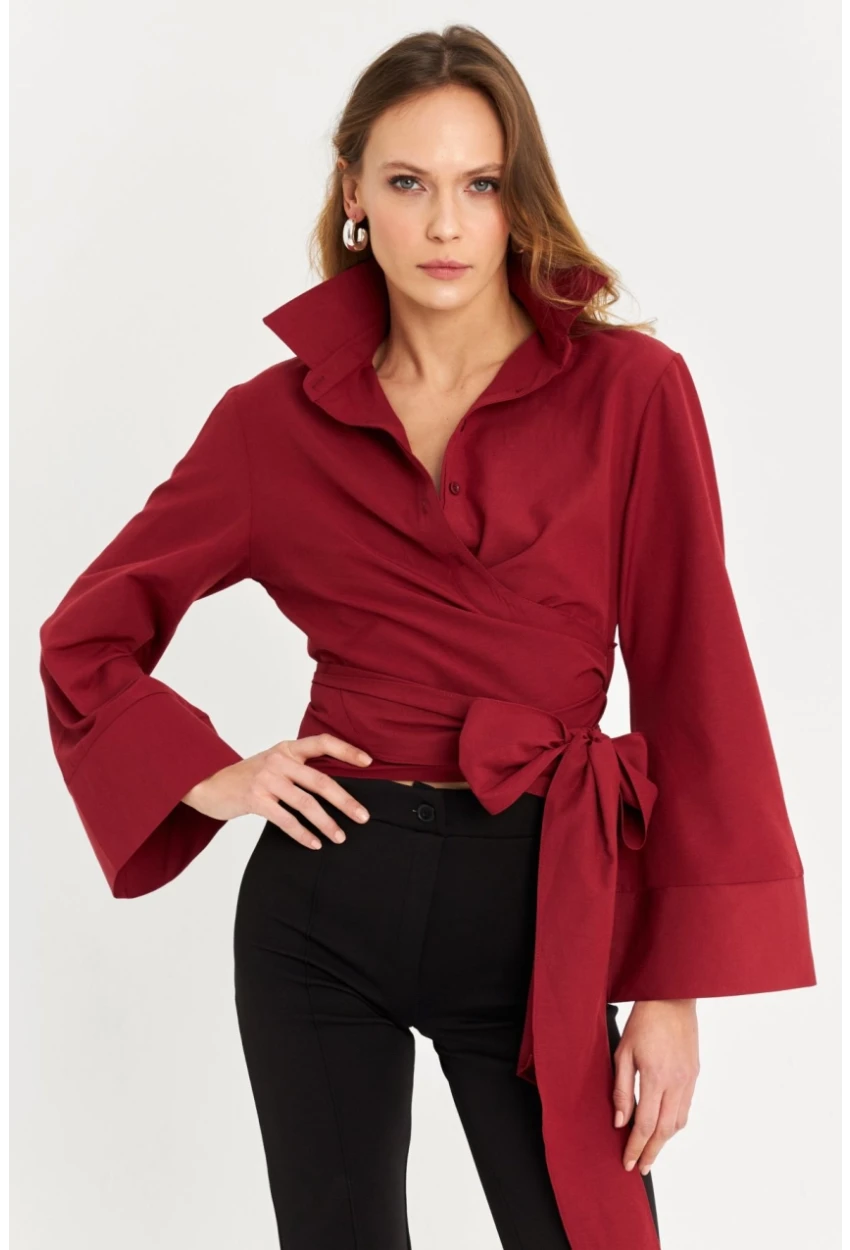 Kadın Bordo Önü Bağlamalı İspanyol Kol Gömlek MON142