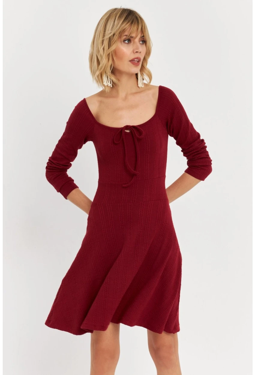 Kadın Bordo Önü Bağlamalı Mini Elbise TF59