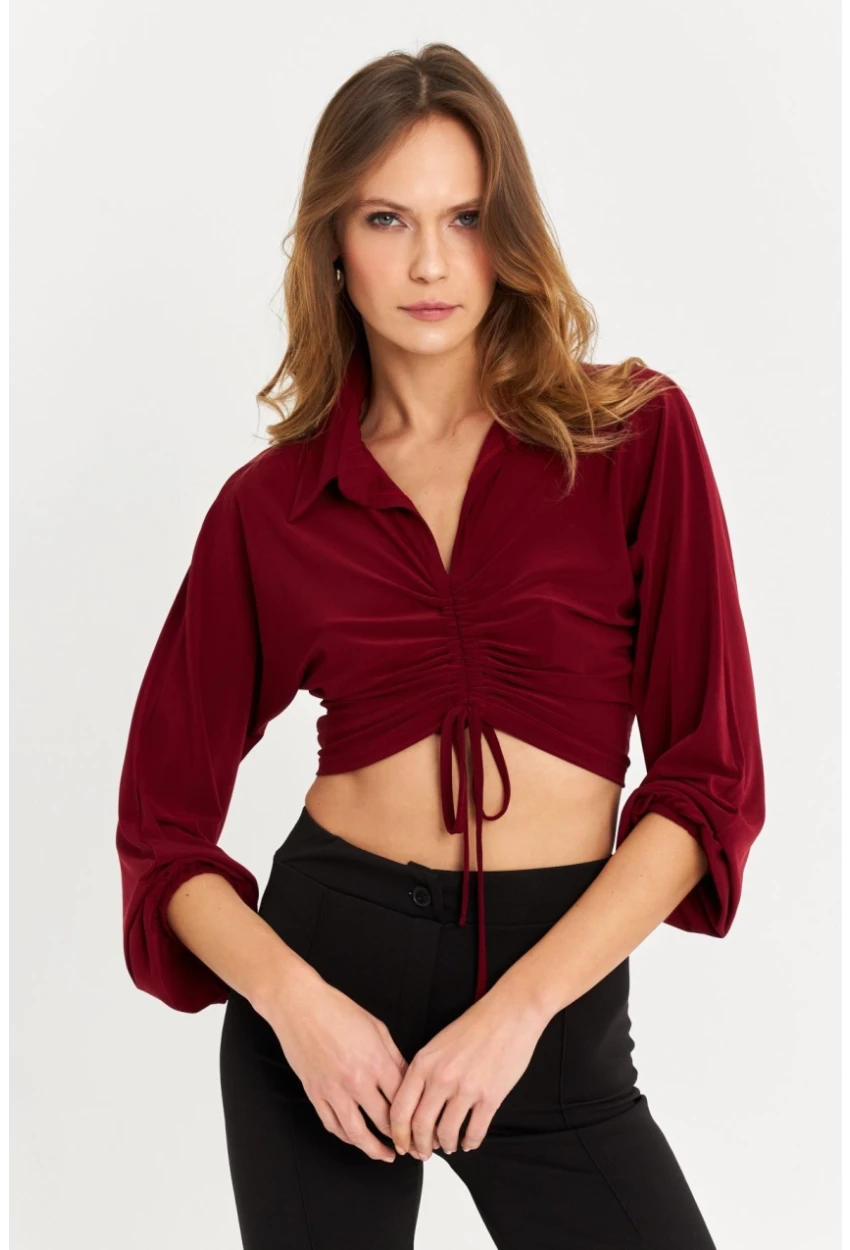 Kadın Bordo Önü Büzgülü Crop Bluz MRS103