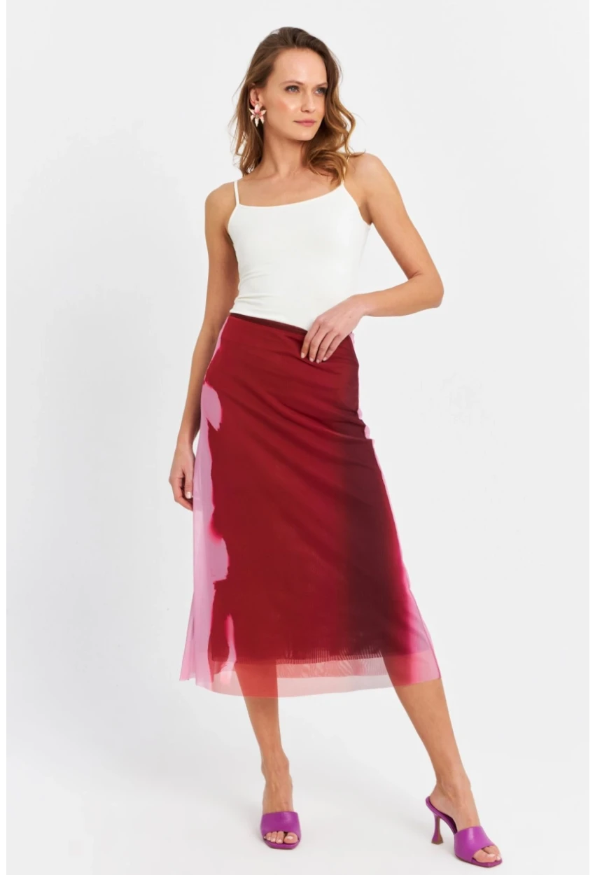 Kadın Bordo-Pudra Kontrast Renkli Tül Etek ZH11